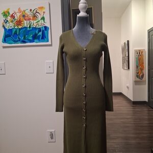 Double Zero Olive Button-Down Long Sleeve Dress